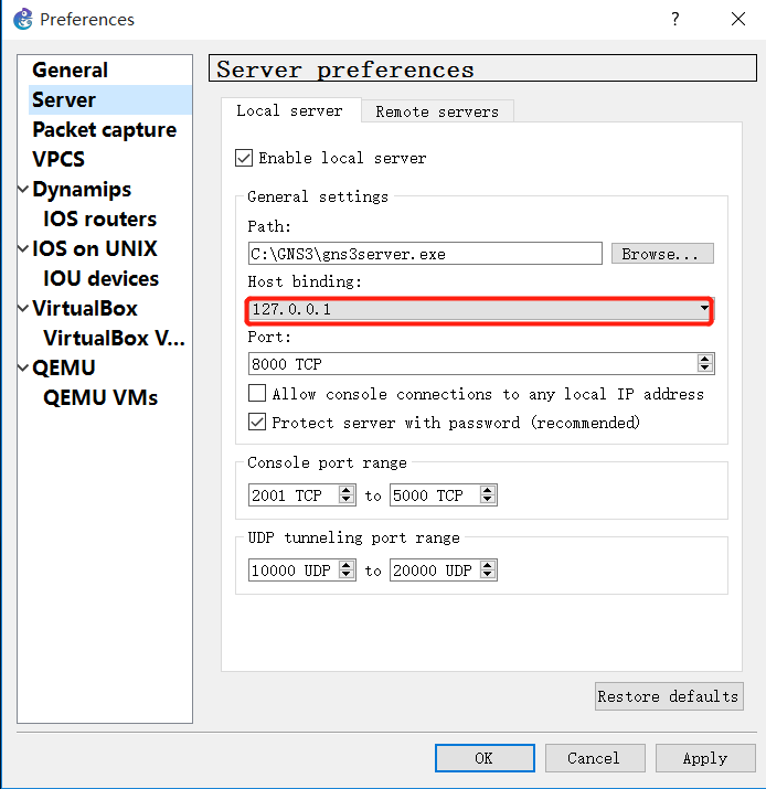 gns3 host binding