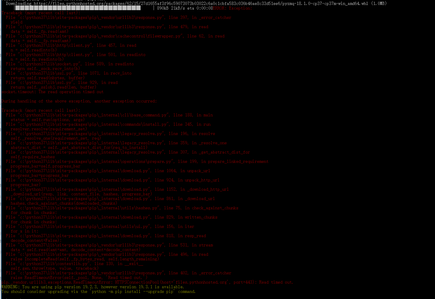 使用pip命令安装第三方包时报错：\lib\site-packages\pip\_vendor\urllib3\response.py, line 397