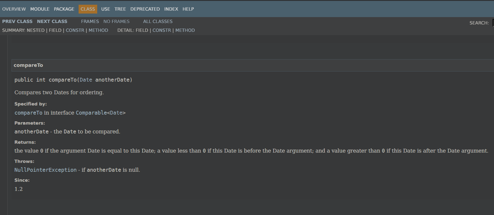 这是*Date*对象的*CompareTo（）*方法的API官方说明文档
