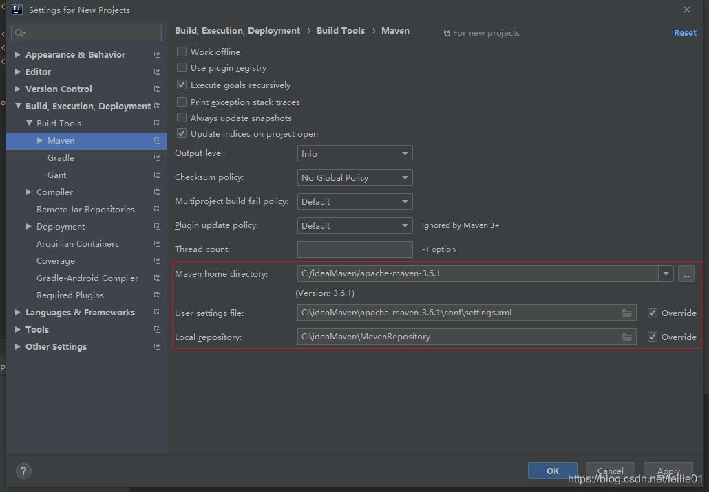 修改成功后的settings for new projects