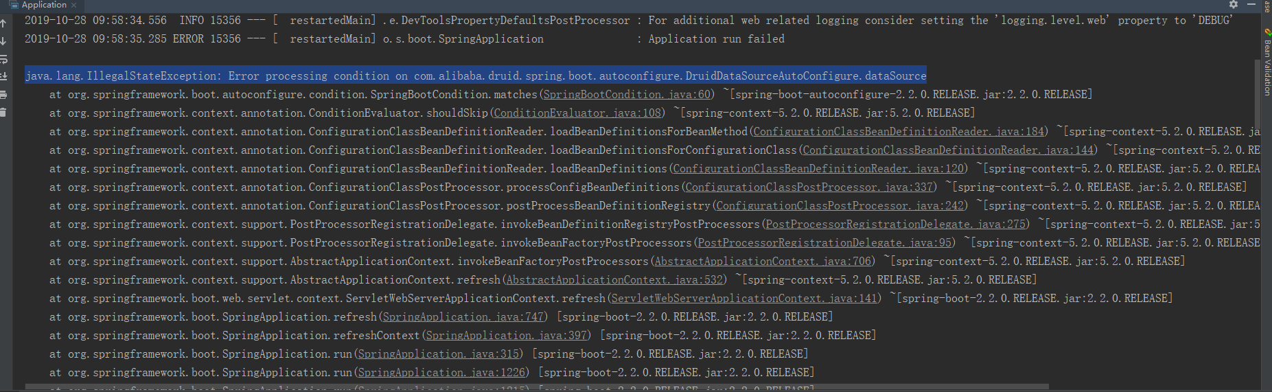 SpringBoot 2.2.0.RELEASE 集成Druid 异常问题_error processing condition on com