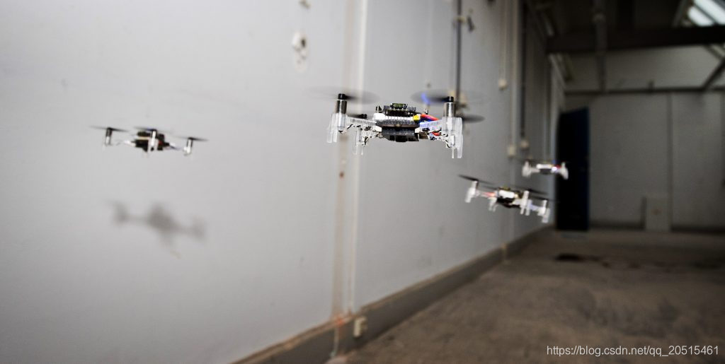 A swarm of drones exploring the environment, avoiding obstacles and each other. (Guus Schoonewille, TU Delft)