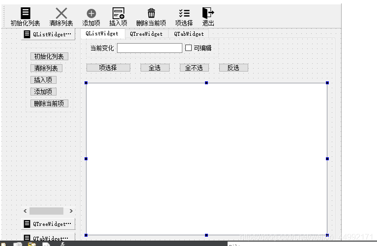 这是gui布局按钮都是ToolButton,还有QListWidget,QTabWidget,QToolBox,QCheacBox,lineEdit,lable标签,再加个主工具栏构成