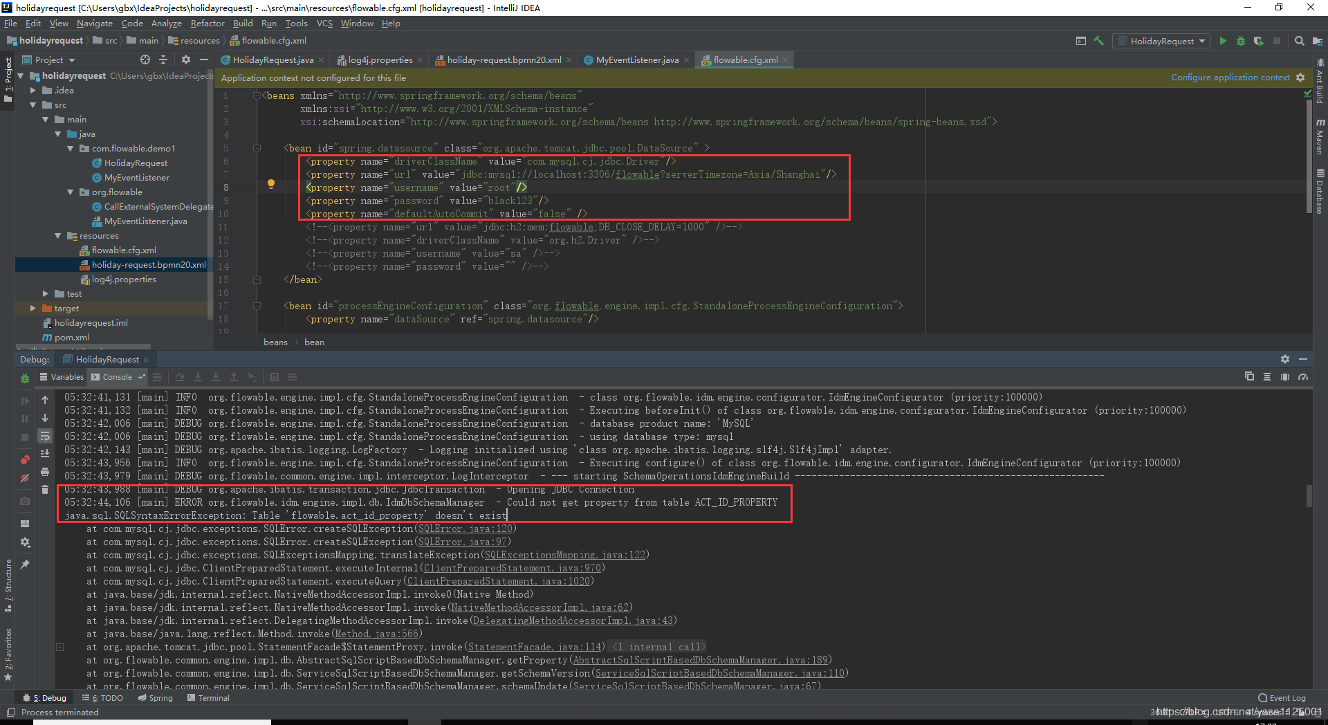 Flowable 6.4.1数据库自动建表错误 SQLSyntaxErrorException: Table 'flowable.act_id_property' doesn't exist