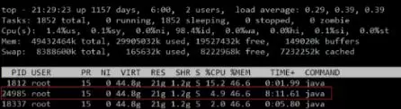 图 5. 通过 top –H -p 查看运行时间较长 Java 线程