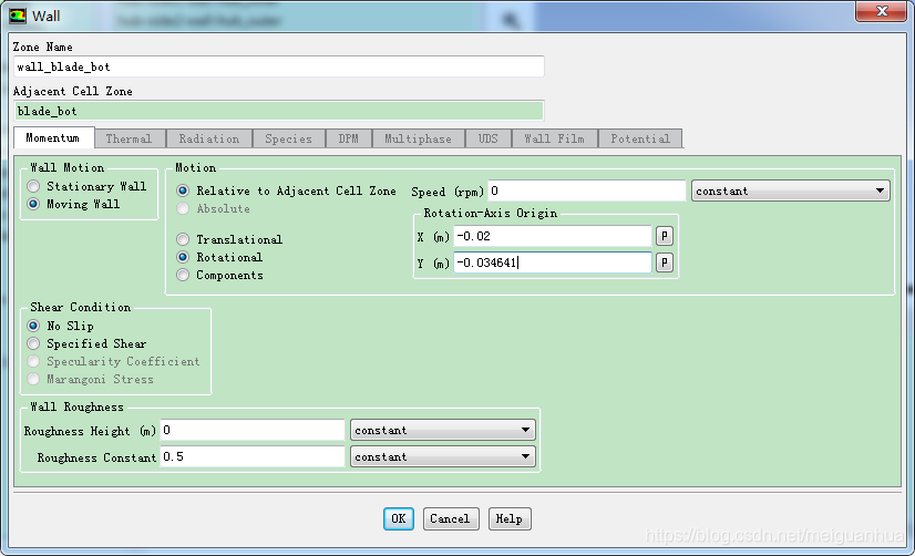 Under "Wall Motion" change to "Moving Wall". On the new options that appeared, change the Motion to "Rotational". Now, specify the Rotation-Axis Origin with the same corresponding values as before. X=-0.02m, Y=-0.034641m. Click Ok.