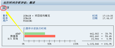 执行后可以看到ABAP语言、数据库分别占用的时间。点击左上角按钮，可以看到具体的占用明细