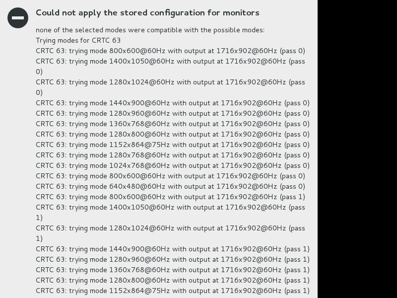 CentOS 开机出现错误信息：Could not apply the stored configuration for monitors