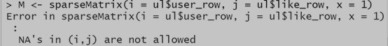 M <- sparseMatrix(i = ullike_row, x = 1)**Error in sparseMatrix(i = ullike_row, x = 1) :NA's in (i,j) are not allowed**