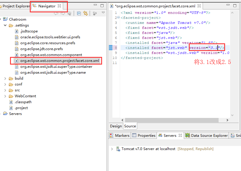 Eclipse error: Tomcat version 7.0 only supports J2EE 1.2, 1.3, 1.4, and ...