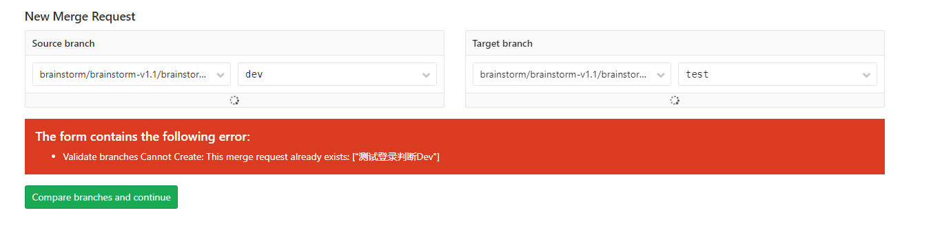 The form contains the following error: Validate branches Cannot Create ...