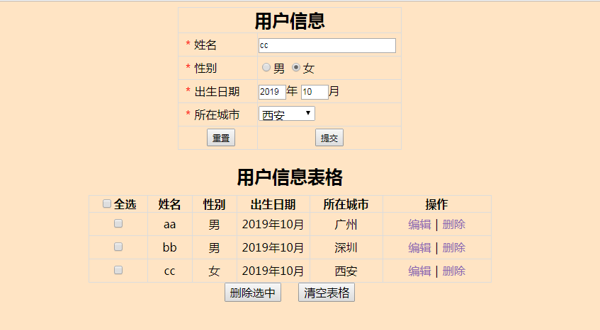 js中創建信息表單將信息內容插入到表格中