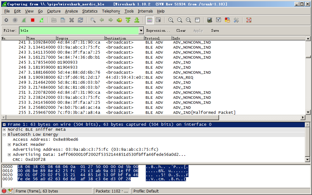 nordic ble sniffer wireshark