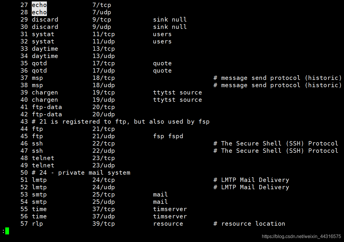 less -N /etc/services /echo