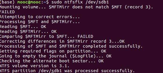 Ubuntu挂载移动硬盘失败 Error mounting /dev/sdb1 at /media/mooc/谢涛: Command-line `mount -t ntfs -o