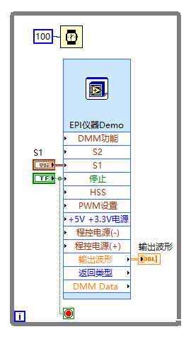 创建函数信号发生器S1输入控件、输入控件停止、输出波形显示控件、延时以及While循环