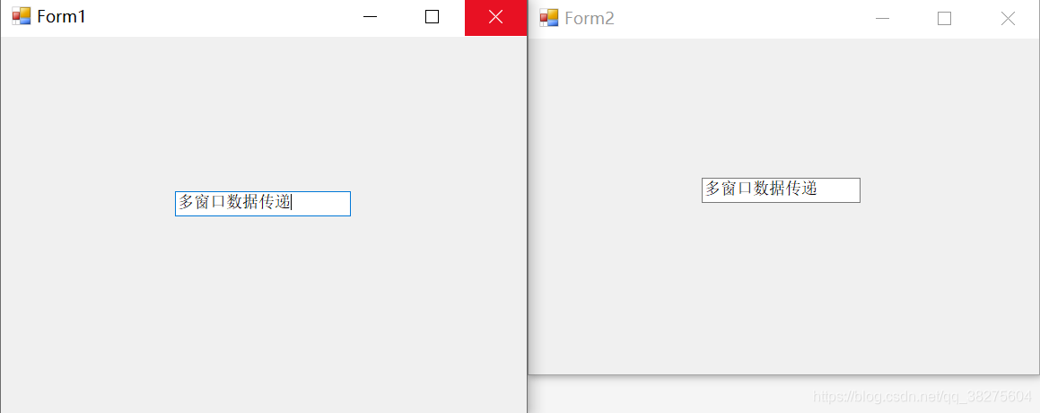 更改主窗体（Form1）的TextBox内容时，子窗体（Form2）的TextBox内容也会跟随改变。更改子窗体（Form2）的TextBox内容时，主窗体（Form1）的TextBox内容也会跟随改变。程序实现了两个不同窗体之间TextBox的数据传递