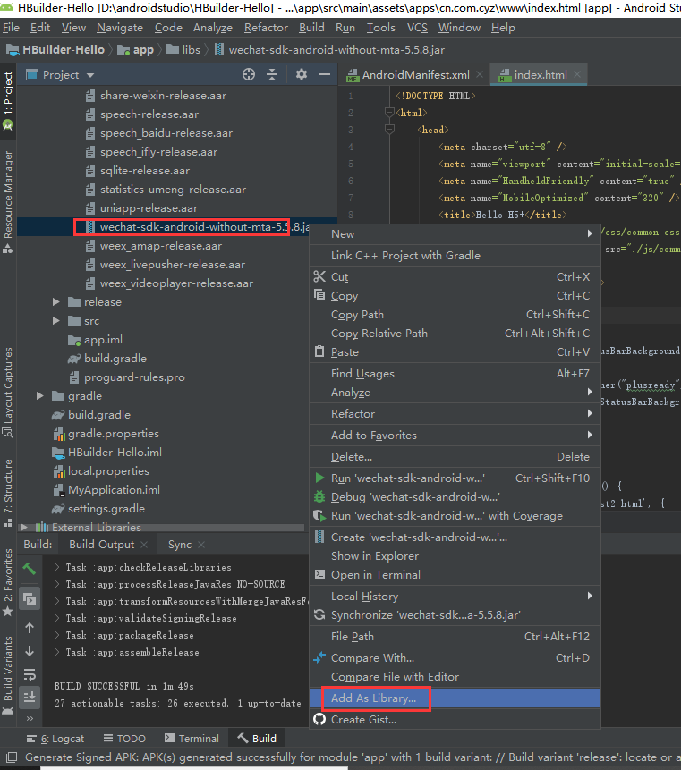 安卓hbuilder增加自定义插件app跳转到微信小程序案例