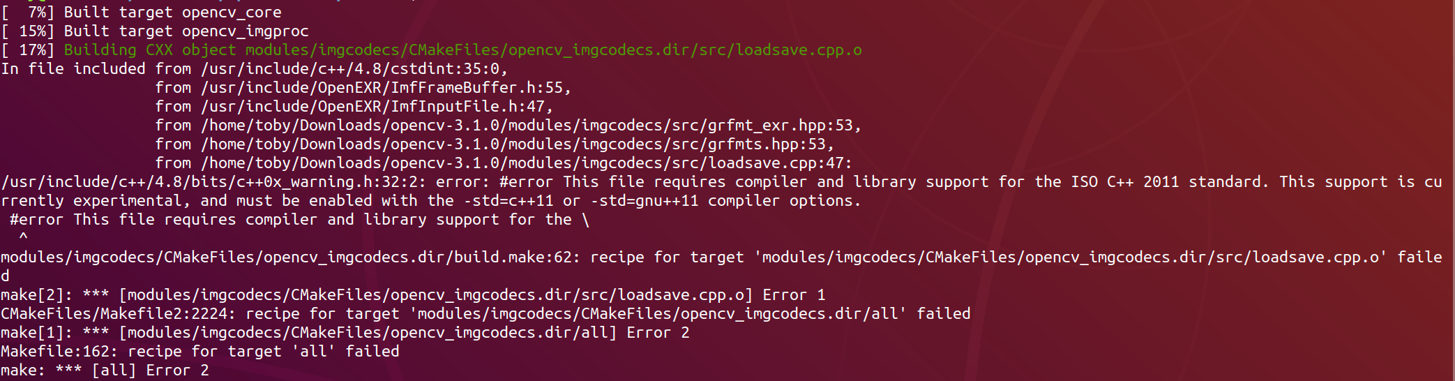 ubuntu安装opencv：ICV: Downloading ippicv_linux_20151201.tgz...|error: #error This file requires compil