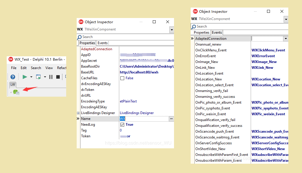 控件安装后的属性和事件窗口