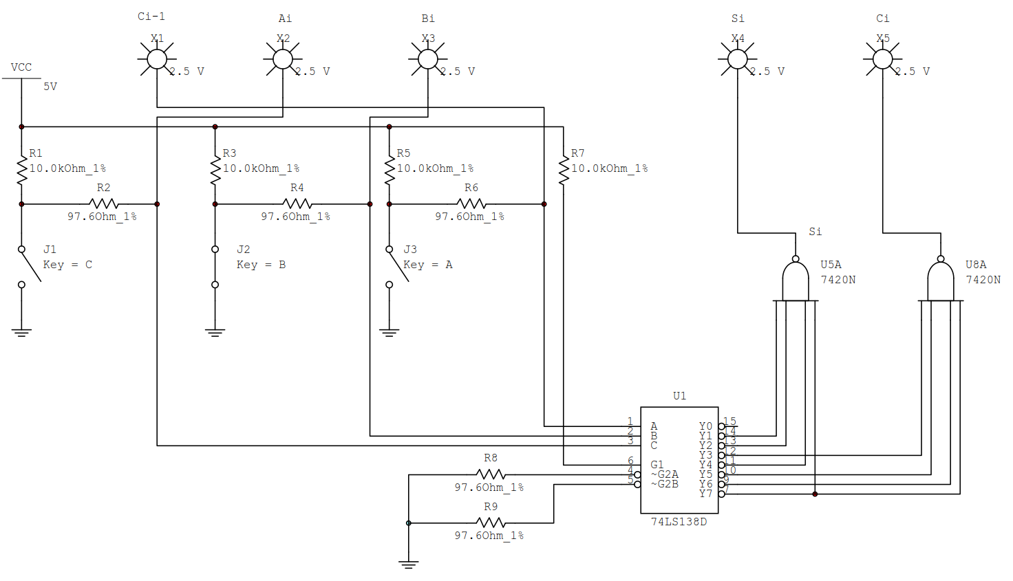 试用一片38译码器74ls138和其它必要的门电路设计一个一位全加器
