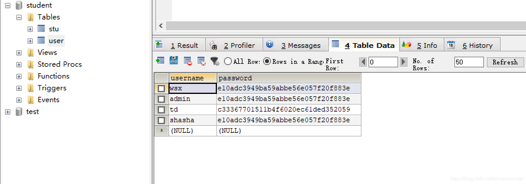 数据库中的user表