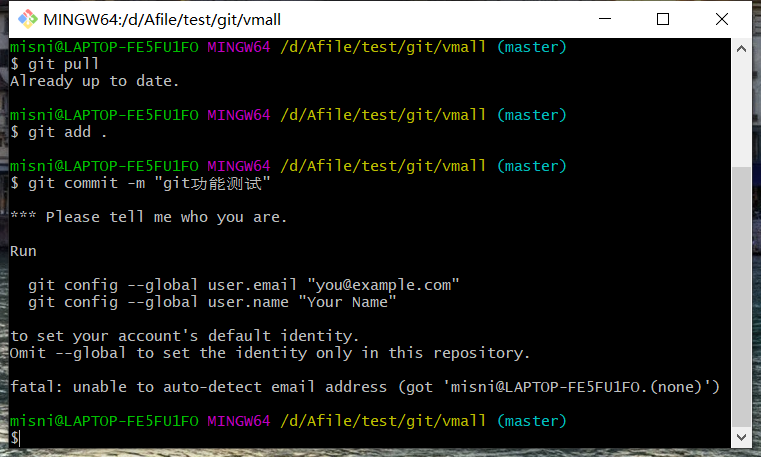 如果不设置全局用户名和邮箱提交代码时会有这样的提示