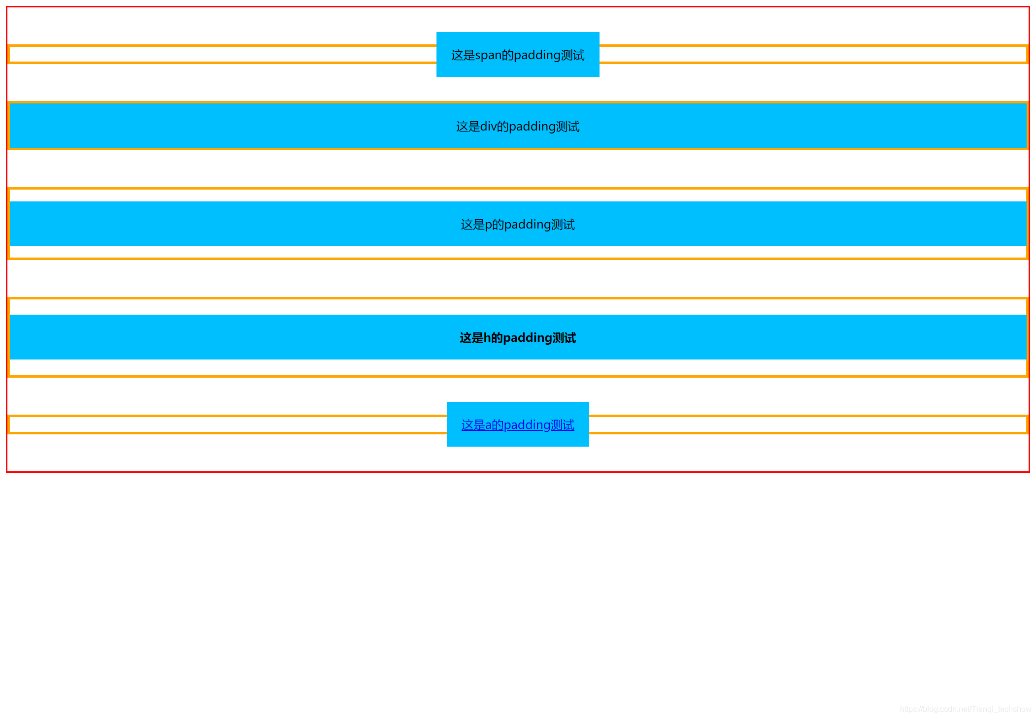 HTML元素 span,div,p,h,a盒子模型中padding属性的演示和理解