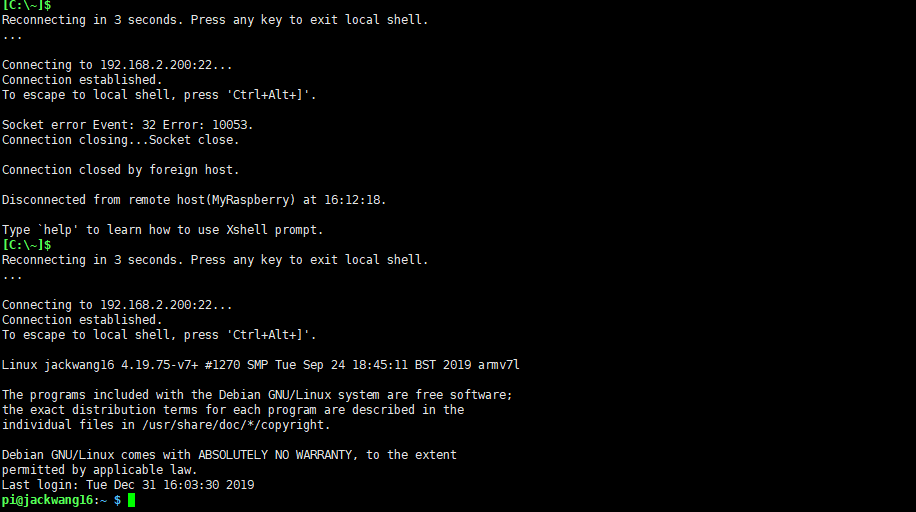 树莓派SSH 连接不上：socket error Event:32 Error:10053