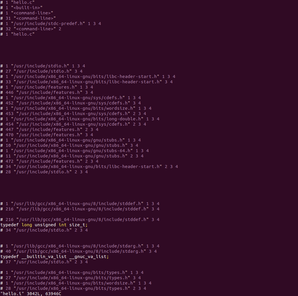 图2.2生成的hello.i截图