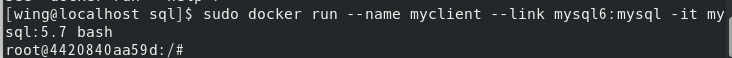 docker run --name myclient --link mysql2:mysql -it mysql:5.7 bash
