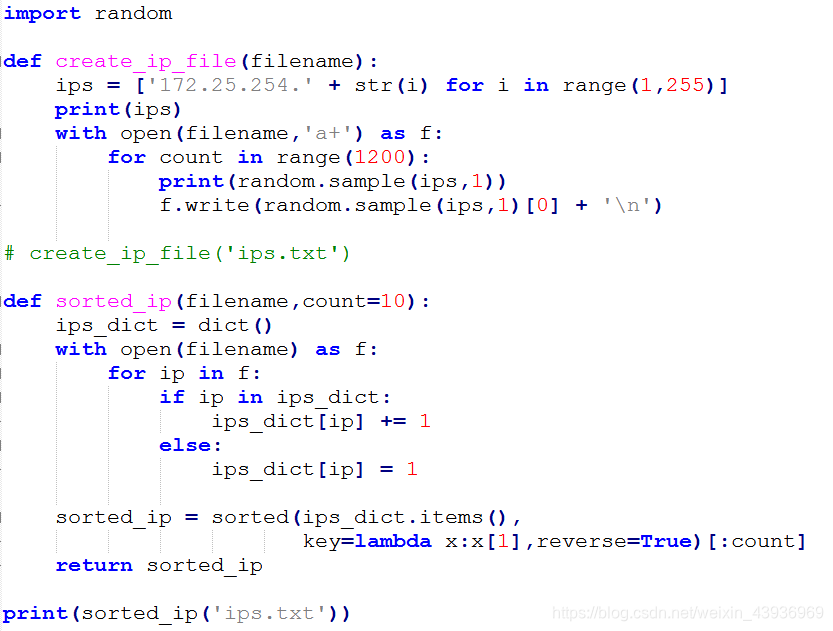 Python之练习 1 生成一个大文件ips Txt 要求10行 每行随机为172 25 254 0 24段的ip 2 读取ips Txt文件 统计这个文件中ip出现频率排前10的ip 鲸鱼妹子 的博客 Csdn博客