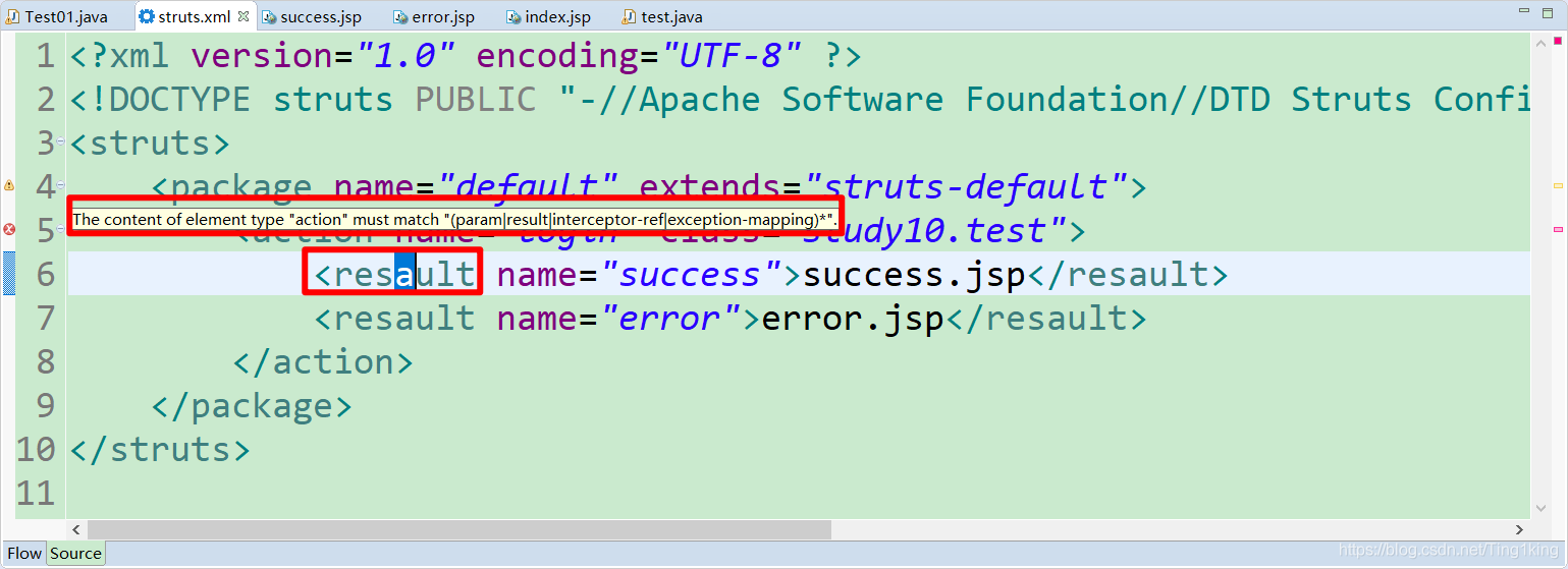 The content of element type action must match (param|result|interceptor-ref|exception-mapping)*.