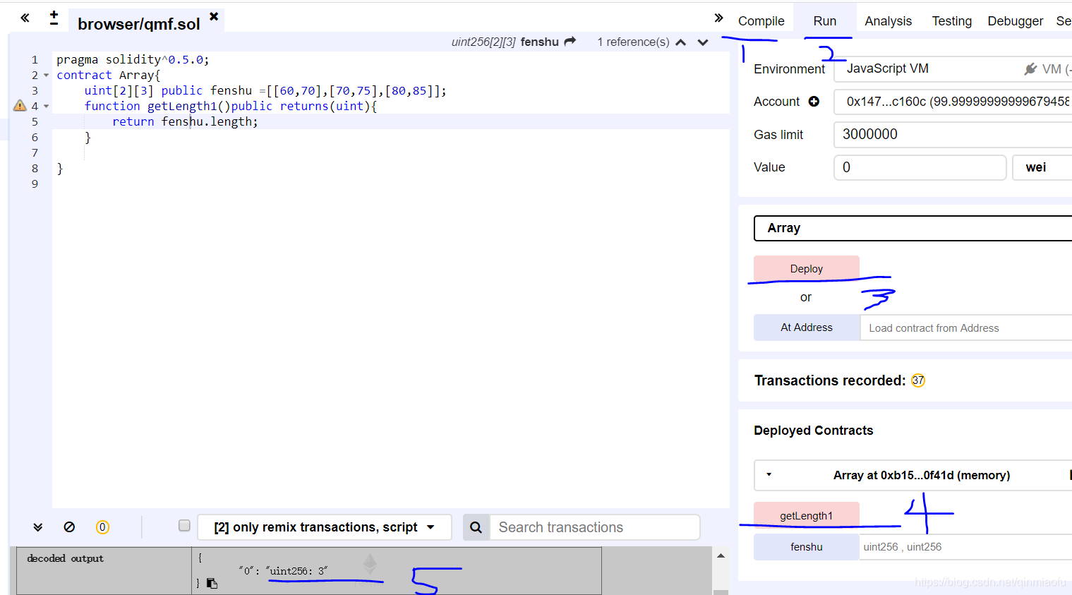 1处点击编译，2处点击运行，3处点击部署合约，4处点击调用 getLength1函数，5处返回长度3