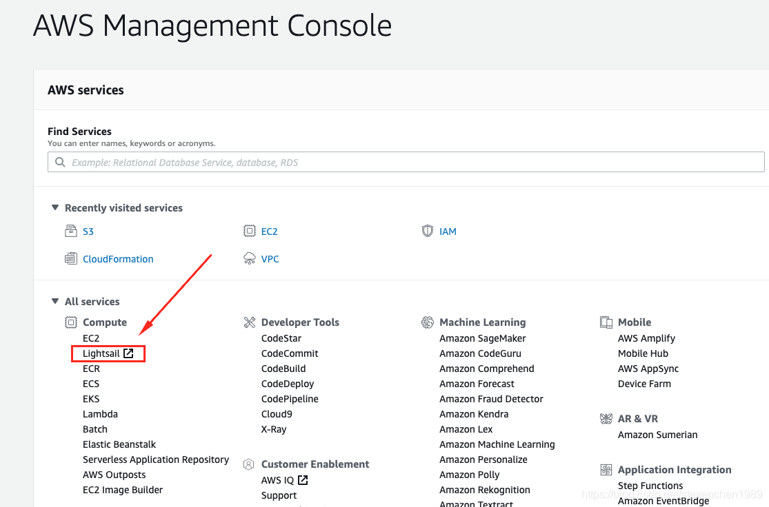 AWS 控制面板里的 LightSail 服务