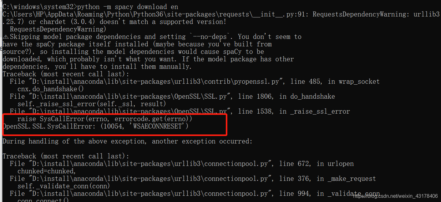 spacy.load(‘en‘) or spacy.load(‘de‘)出现的OpenSSL SSl SysCallError(10054)解决方案