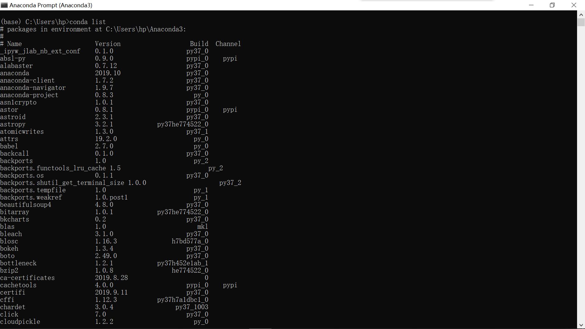 Anaconda Prompt打开conda list