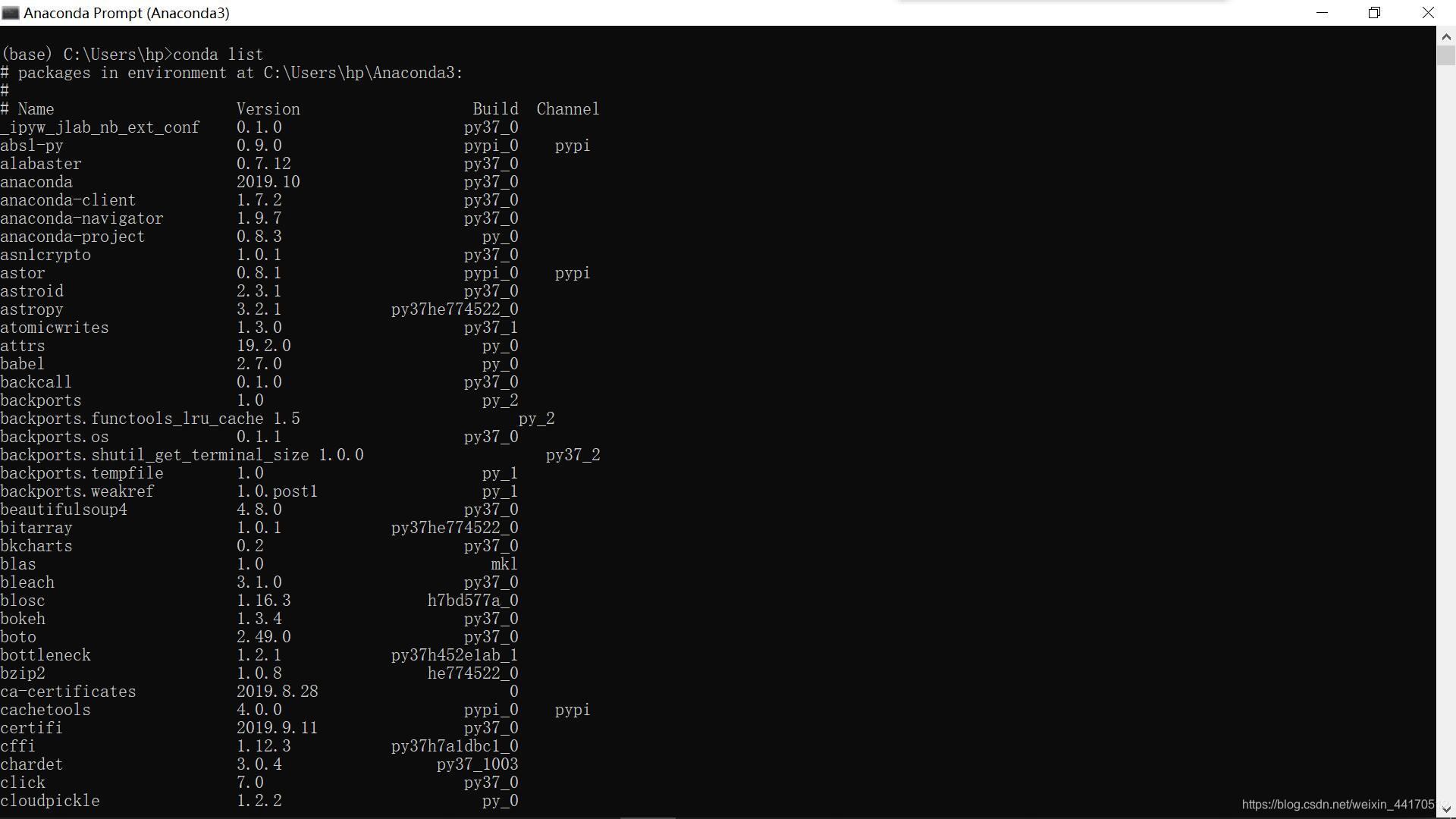 Anaconda Prompt打开conda list