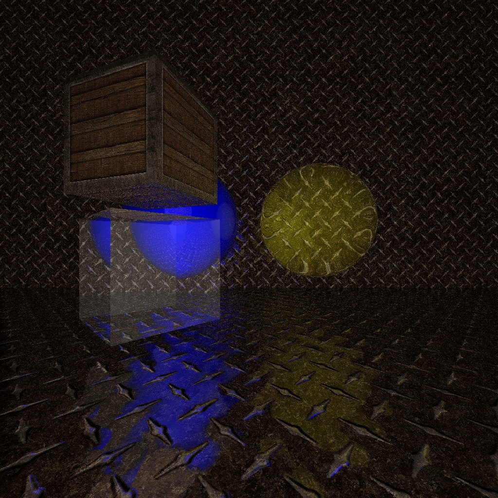 反射效果看到箱子底部全部反光,地面油油的效果.加上这个新的贴图后.