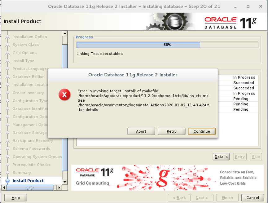 Error in invoking target ‘install‘ of makefile ‘../dbhome_1/ctx/lib/ins
