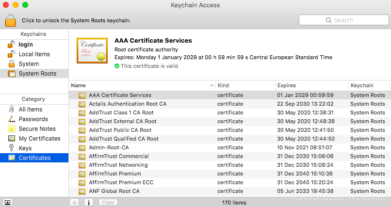 Root certificates in Keychain Access on macOS.