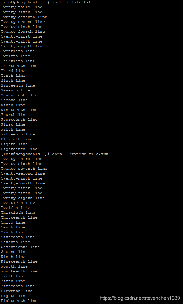 输出 file.txt 文件的已降序排序内容