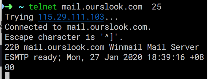telnet mail.ourslook.com 25 , 通常25都被云服务器商封闭了