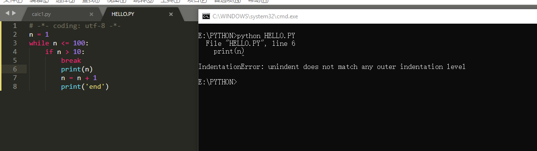 PYTHON代码运行分别为IndentationError: unindent does not match any outer ...