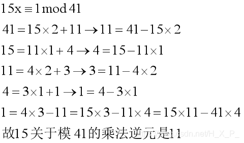 15 关于模 41 的乘法逆元是11