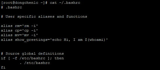 打印 CentOS 7 分发版 ~/.bashrc 文件的部分内容