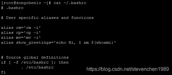 打印 CentOS 7 分发版 ~/.bashrc 文件的部分内容