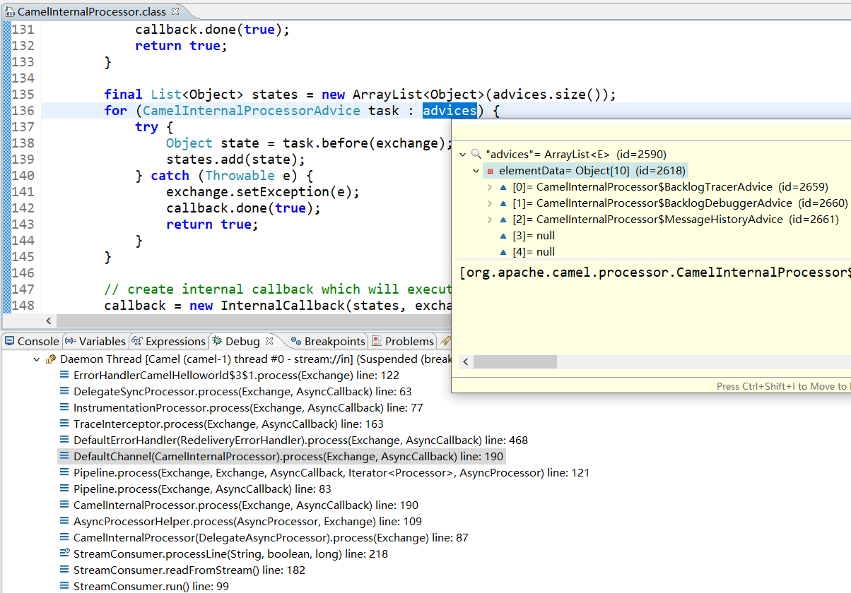 本例中DefaultChannel里配置的CamelInternalProcessorAdvice实例