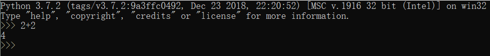 Python 3.3.2 (v3.3.2:d047928ae3f6, May 16 2013, 00:06:53) [MSC v.1600 64 bit
(AMD64)] on win32
Type "copyright", "credits" or "license()" for more information.
2 + 2
4