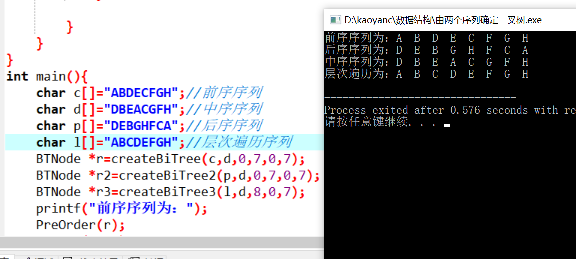 由序列确定二叉树:前序序列和中序序列构造二叉树  后序序列和中序序列构造二叉树 层次遍历序列和中序遍历序列构造二叉树 代码实现(c语言)